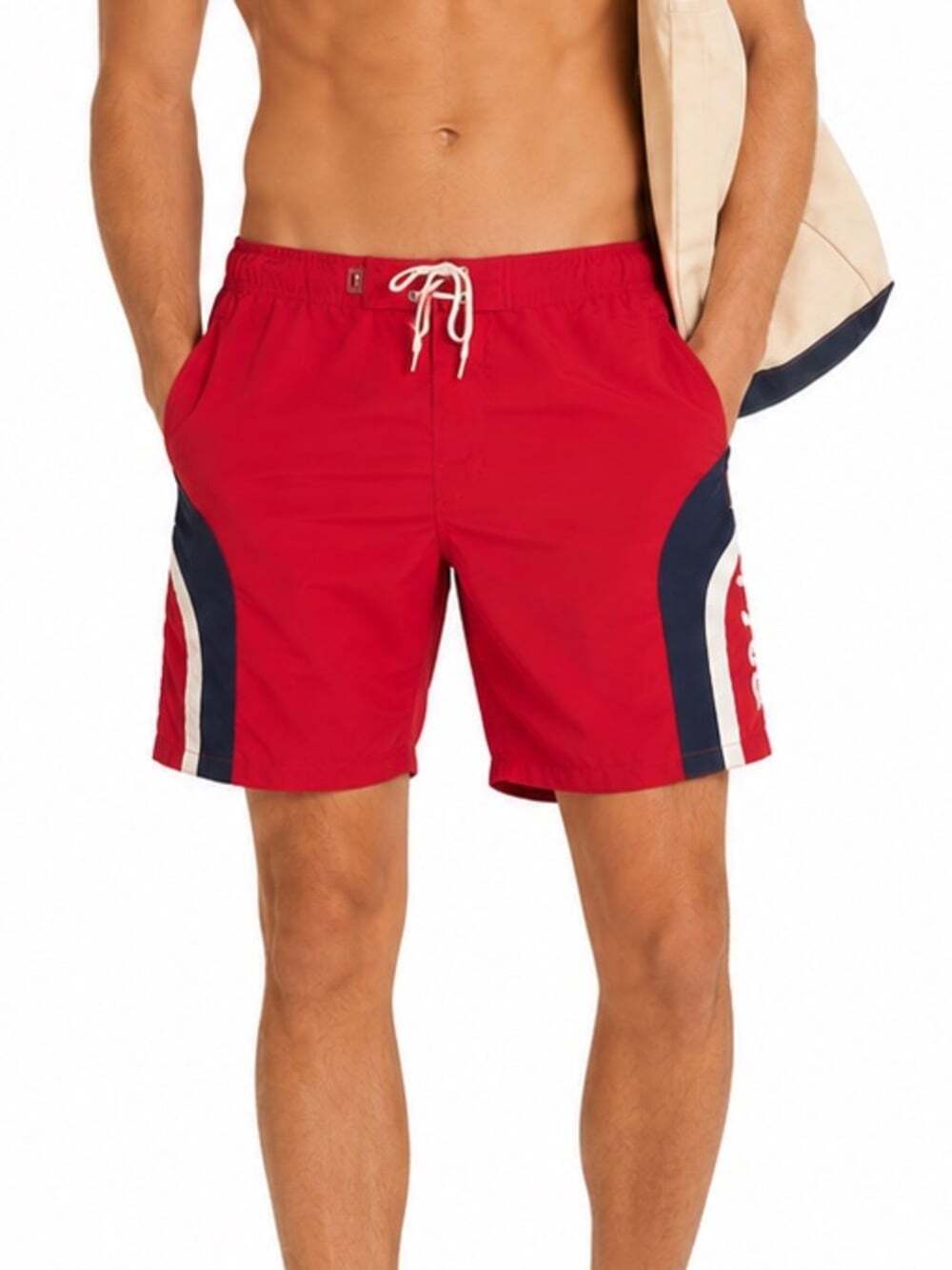 Tommy Hilfiger Men’s Red White Blue Slash Pockets Mesh Lined Board Short…